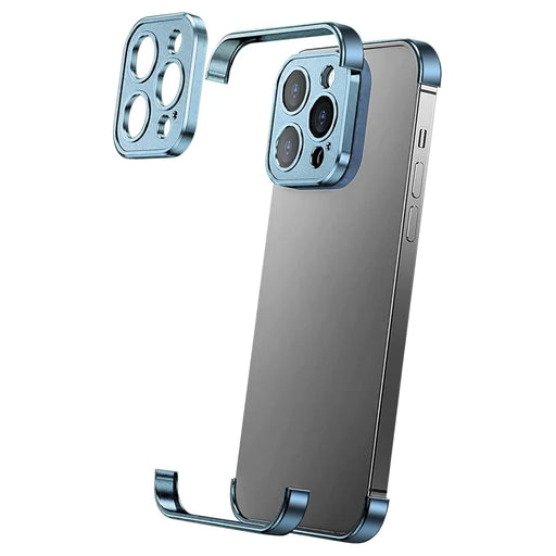 For iPhone 15 Pro Frameless Case Titanium Alloy Phone Corner Pad Bumper Cover with Camera Lens Protector - Blue - 1