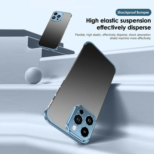For iPhone 15 Pro Frameless Case Titanium Alloy Phone Corner Pad Bumper Cover with Camera Lens Protector - Blue - 2