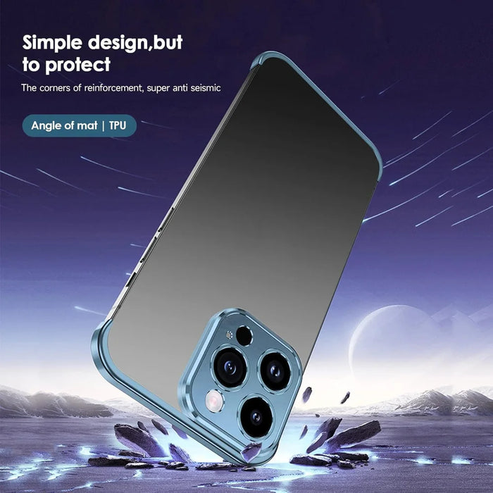 For iPhone 15 Pro Frameless Case Titanium Alloy Phone Corner Pad Bumper Cover with Camera Lens Protector - Blue - 3