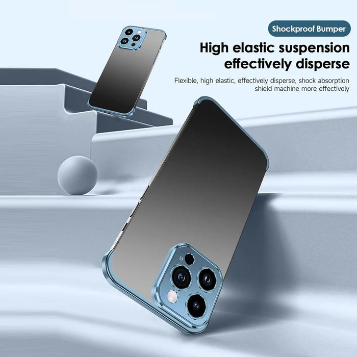 For iPhone 15 Pro Max Frameless Case Titanium Alloy Phone Corner Pad Bumper Cover with Camera Lens Protector - Blue - 2