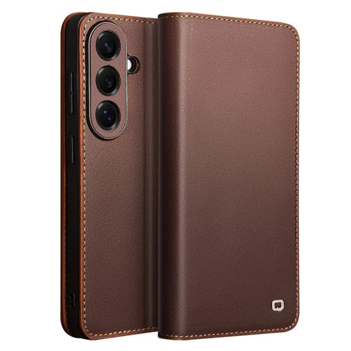 QIALINO For Samsung Galaxy S26+ Wallet Case Stand Genuine Cow Leather Flip Phone Cover - Brown - 1