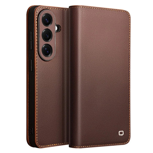 QIALINO For Samsung Galaxy S26+ Wallet Case Stand Genuine Cow Leather Flip Phone Cover - Brown - 1