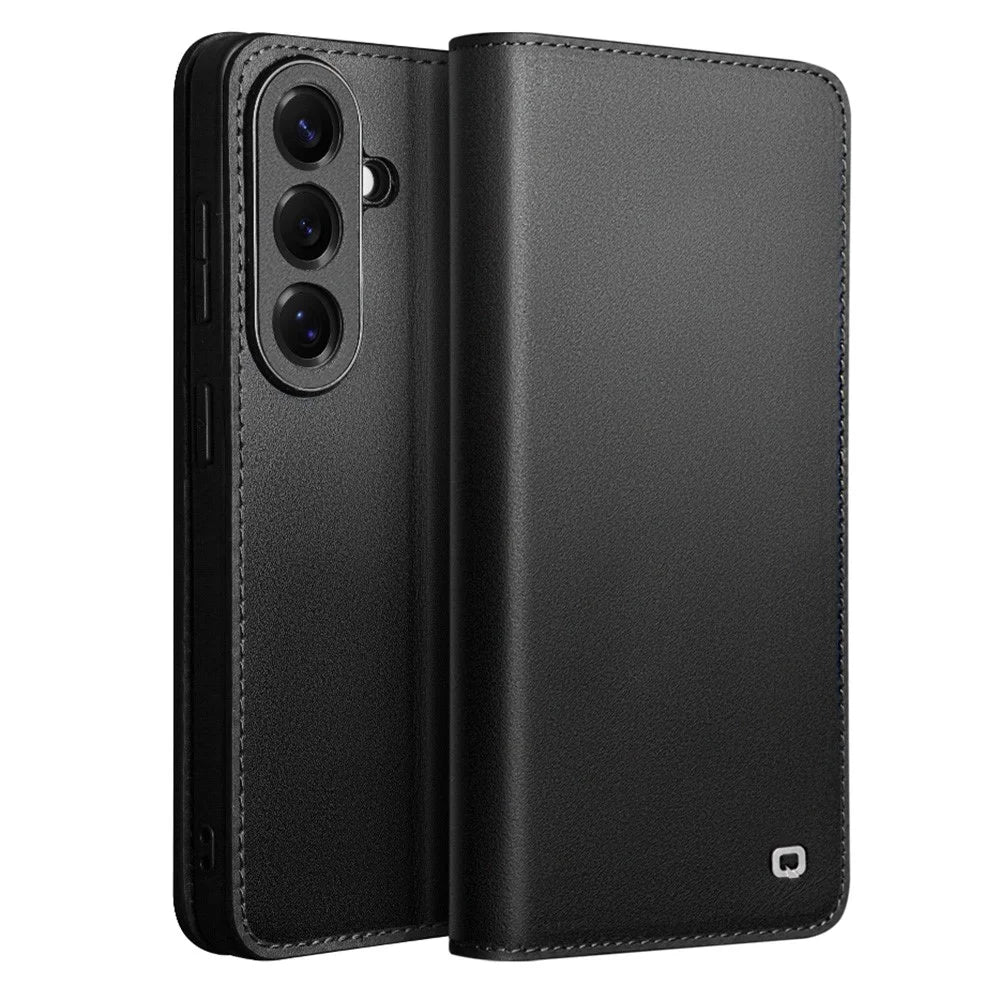 QIALINO For Samsung Galaxy S26 Wallet Case Stand Genuine Cow Leather Flip Phone Cover - Black - 1