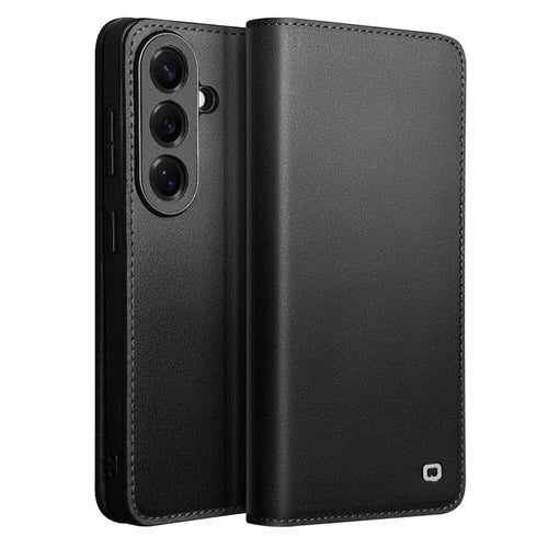 QIALINO For Samsung Galaxy S26 Wallet Case Stand Genuine Cow Leather Flip Phone Cover - Black - 1