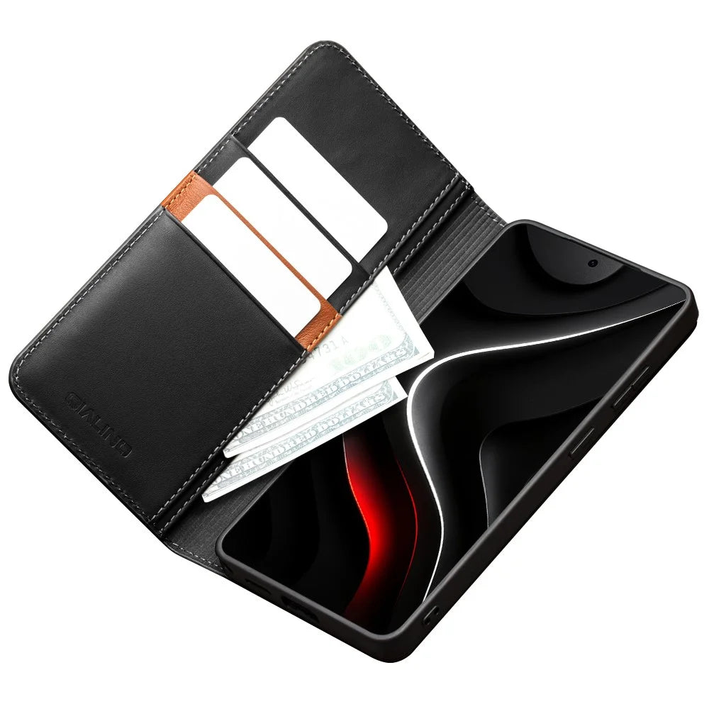 QIALINO For Samsung Galaxy S26 Wallet Case Stand Genuine Cow Leather Flip Phone Cover - Black - 3