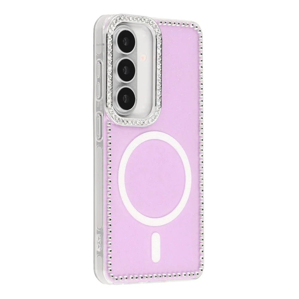 For Samsung Galaxy S26 Magnetic Case Rhinestone Edge Glitter Back TPU + PC IMD Phone Cover - Glitter Light Purple - 3