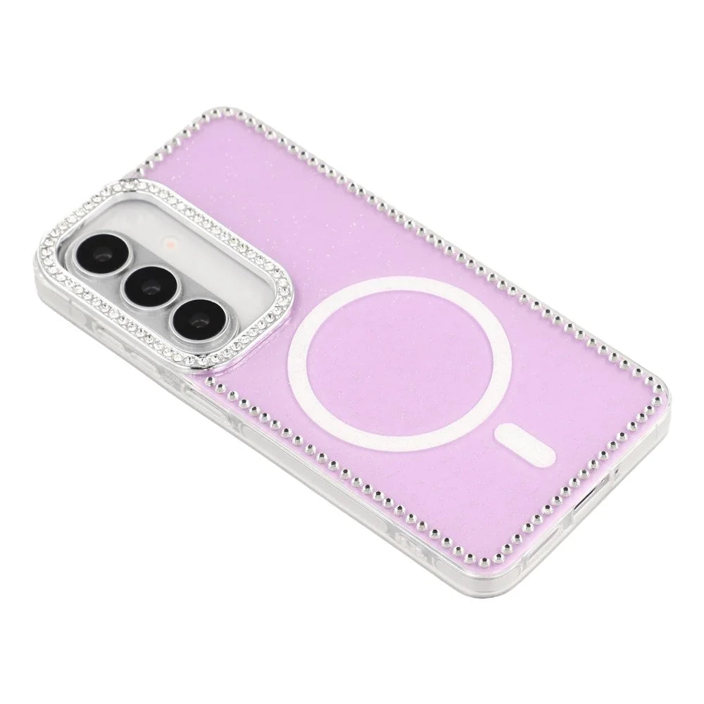 For Samsung Galaxy S26 Magnetic Case Rhinestone Edge Glitter Back TPU + PC IMD Phone Cover - Glitter Light Purple - 4