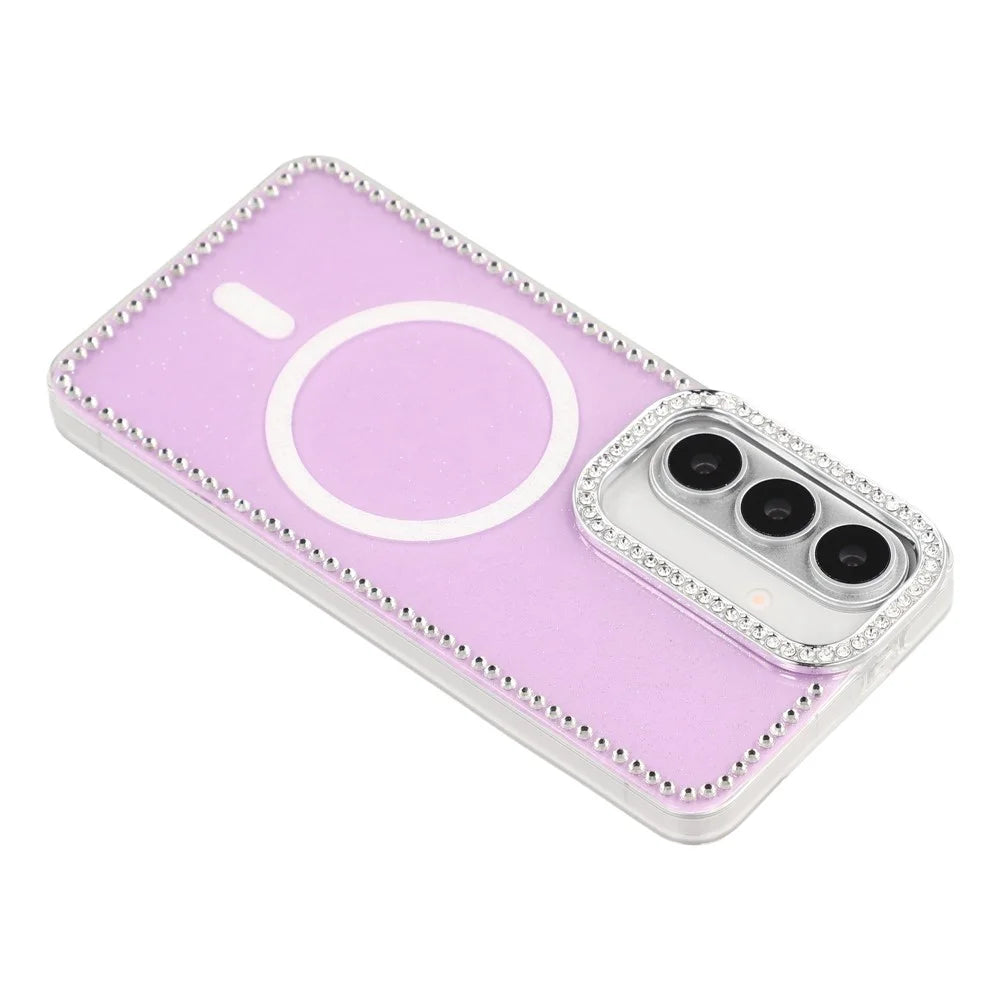 For Samsung Galaxy S26 Magnetic Case Rhinestone Edge Glitter Back TPU + PC IMD Phone Cover - Glitter Light Purple - 5