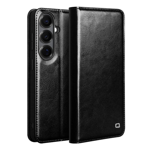 QIALINO For Samsung Galaxy S26 Wallet Case Genuine Cow Leather Phone Cover Card Holder Stand - Black - 1