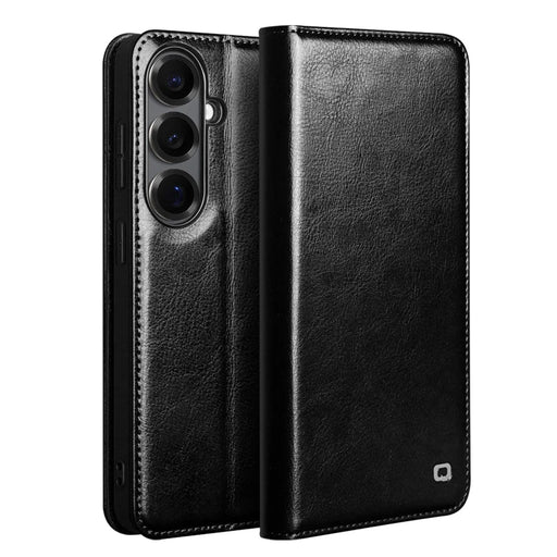 QIALINO For Samsung Galaxy S26 Wallet Case Genuine Cow Leather Phone Cover Card Holder Stand - Black - 1