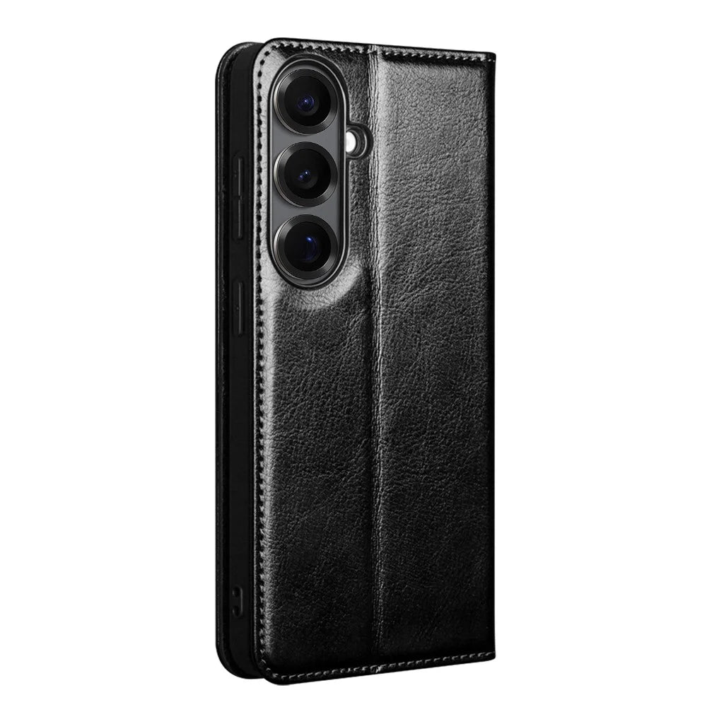 QIALINO For Samsung Galaxy S26 Wallet Case Genuine Cow Leather Phone Cover Card Holder Stand - Black - 4