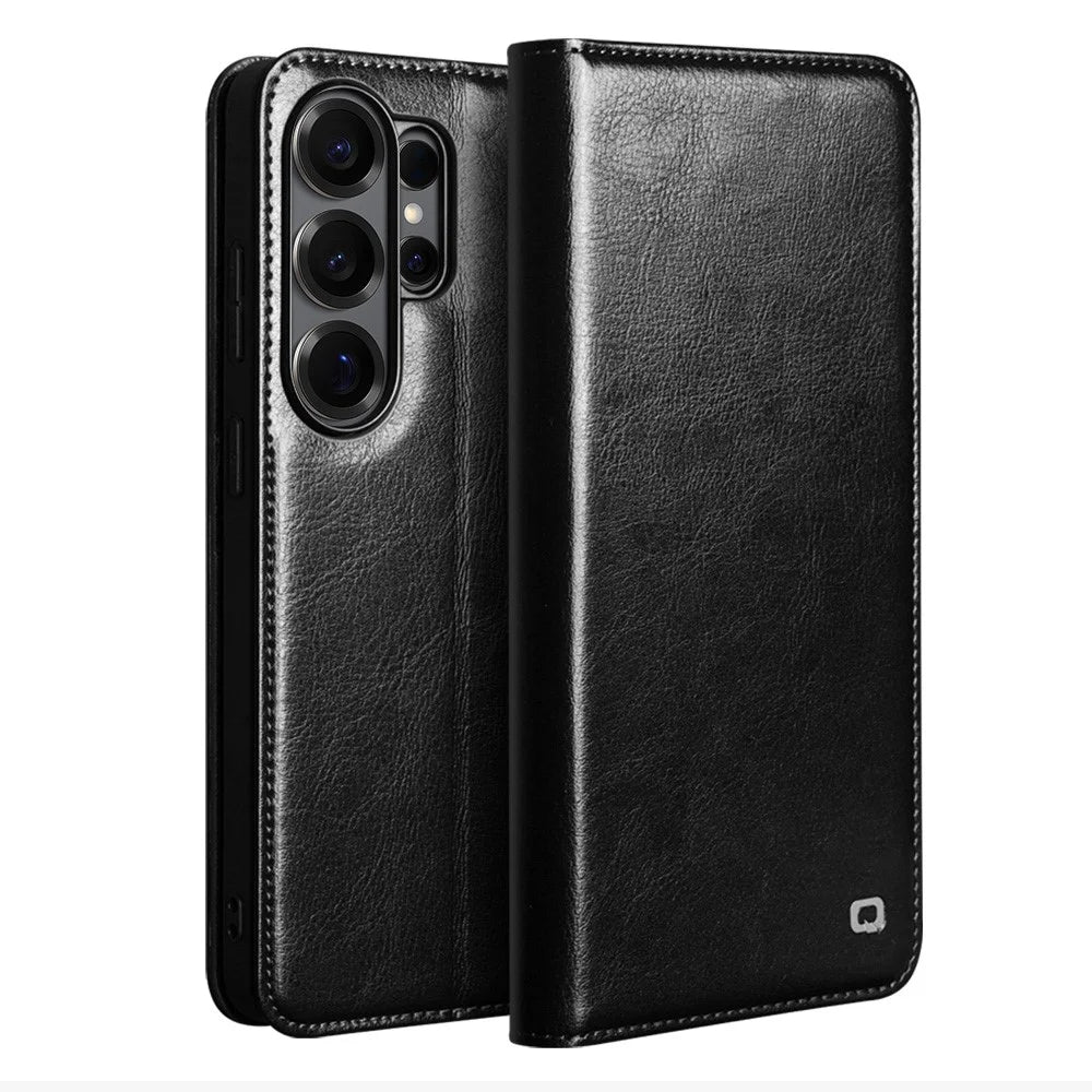 QIALINO For Samsung Galaxy S26 Ultra Wallet Case Genuine Cow Leather Phone Cover Card Holder Stand - Black - 1
