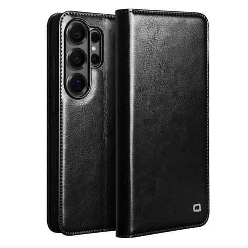 QIALINO For Samsung Galaxy S26 Ultra Wallet Case Genuine Cow Leather Phone Cover Card Holder Stand - Black - 1