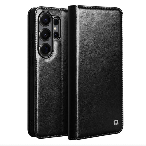 QIALINO For Samsung Galaxy S26 Ultra Wallet Case Genuine Cow Leather Phone Cover Card Holder Stand - Black - 1