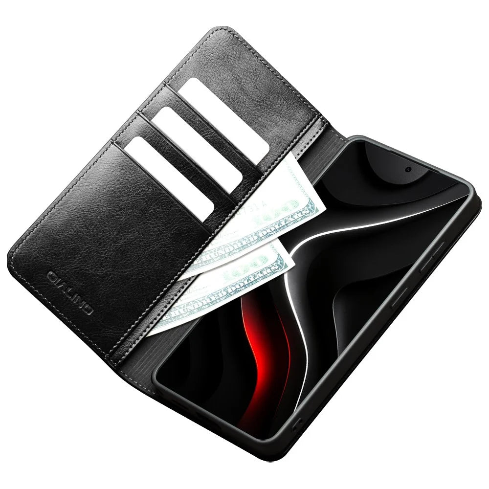 QIALINO For Samsung Galaxy S26 Ultra Wallet Case Genuine Cow Leather Phone Cover Card Holder Stand - Black - 3