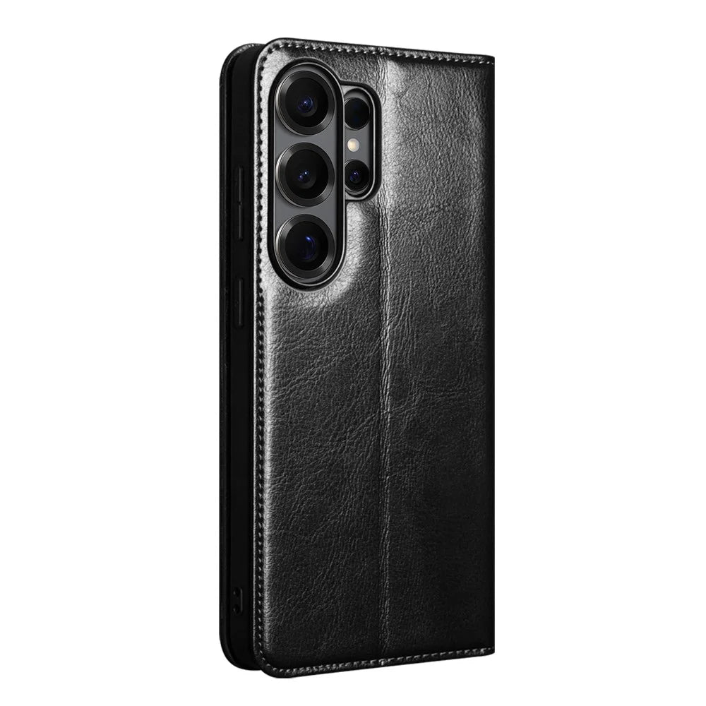 QIALINO For Samsung Galaxy S26 Ultra Wallet Case Genuine Cow Leather Phone Cover Card Holder Stand - Black - 4