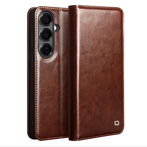 QIALINO For Samsung Galaxy S26+ Wallet Case Genuine Cow Leather Phone Cover Card Holder Stand - Brown - 1