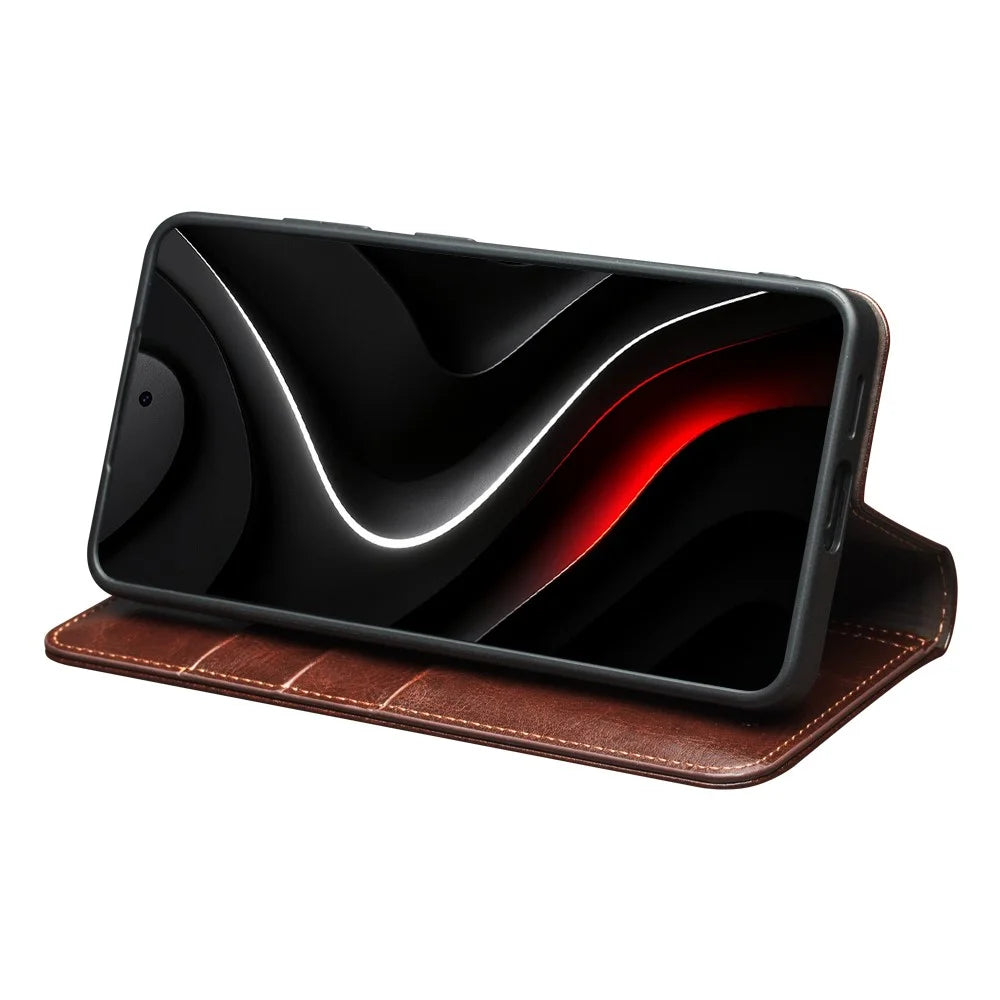 QIALINO For Samsung Galaxy S26+ Wallet Case Genuine Cow Leather Phone Cover Card Holder Stand - Brown - 2