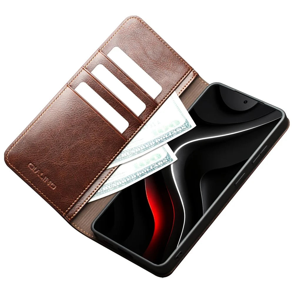 QIALINO For Samsung Galaxy S26+ Wallet Case Genuine Cow Leather Phone Cover Card Holder Stand - Brown - 3