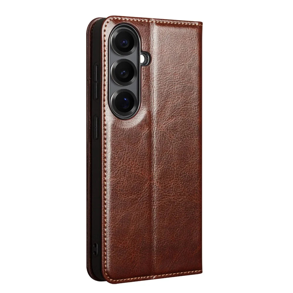 QIALINO For Samsung Galaxy S26+ Wallet Case Genuine Cow Leather Phone Cover Card Holder Stand - Brown - 4