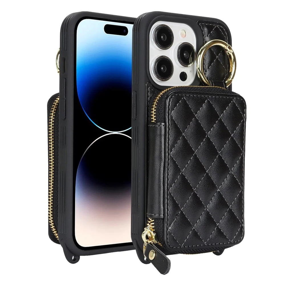 For iPhone 14 Pro Case Ring Holder Zipper Pocket Kickstand Leather Back Phone Cover with Shoulder Strap - Black - 1