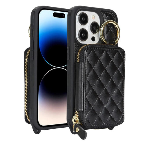 For iPhone 14 Pro Case Ring Holder Zipper Pocket Kickstand Leather Back Phone Cover with Shoulder Strap - Black - 1