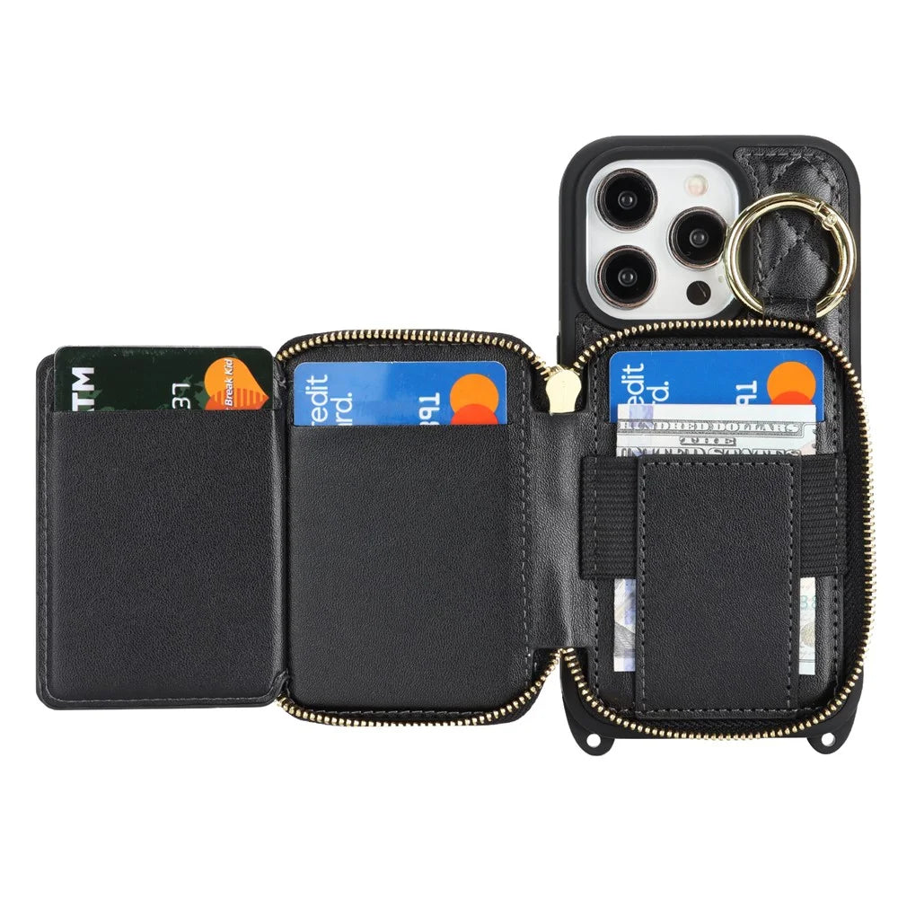 For iPhone 14 Pro Case Ring Holder Zipper Pocket Kickstand Leather Back Phone Cover with Shoulder Strap - Black - 2