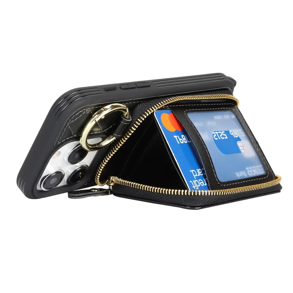 For iPhone 14 Pro Case Ring Holder Zipper Pocket Kickstand Leather Back Phone Cover with Shoulder Strap - Black - 3