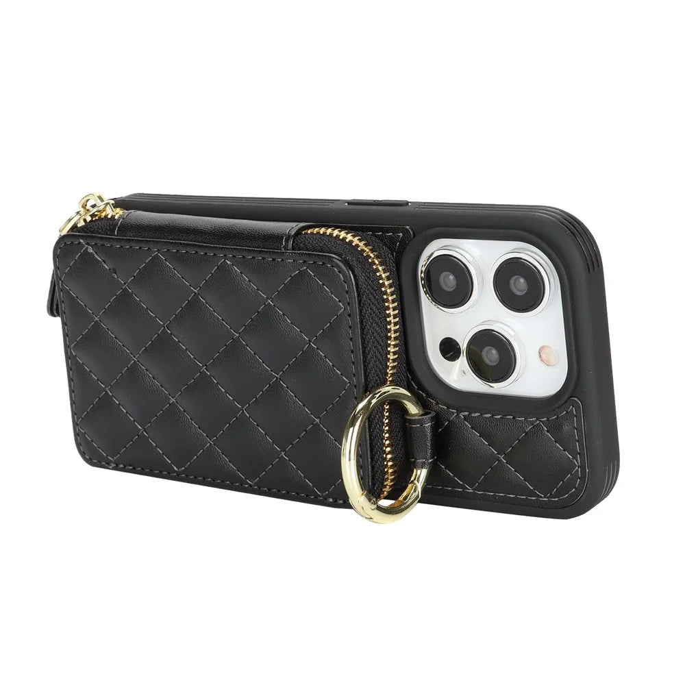 For iPhone 14 Pro Case Ring Holder Zipper Pocket Kickstand Leather Back Phone Cover with Shoulder Strap - Black - 4