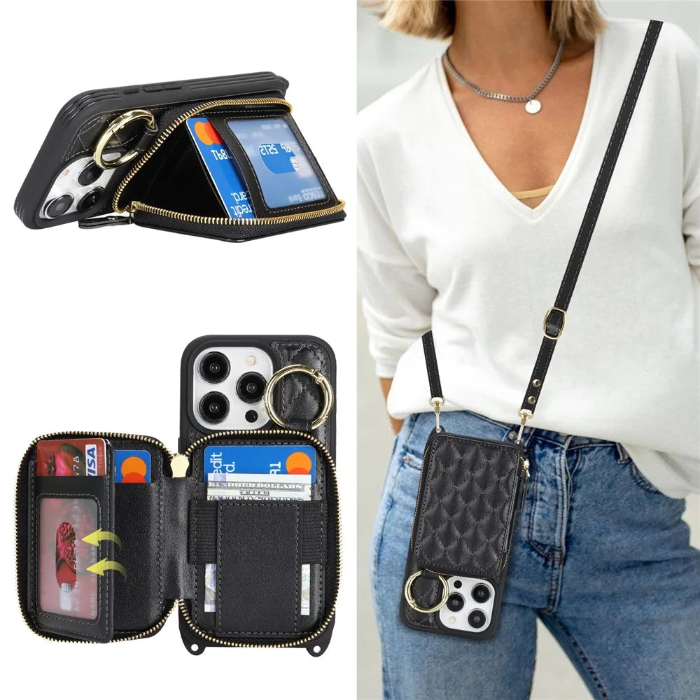For iPhone 14 Pro Case Ring Holder Zipper Pocket Kickstand Leather Back Phone Cover with Shoulder Strap - Black - 6