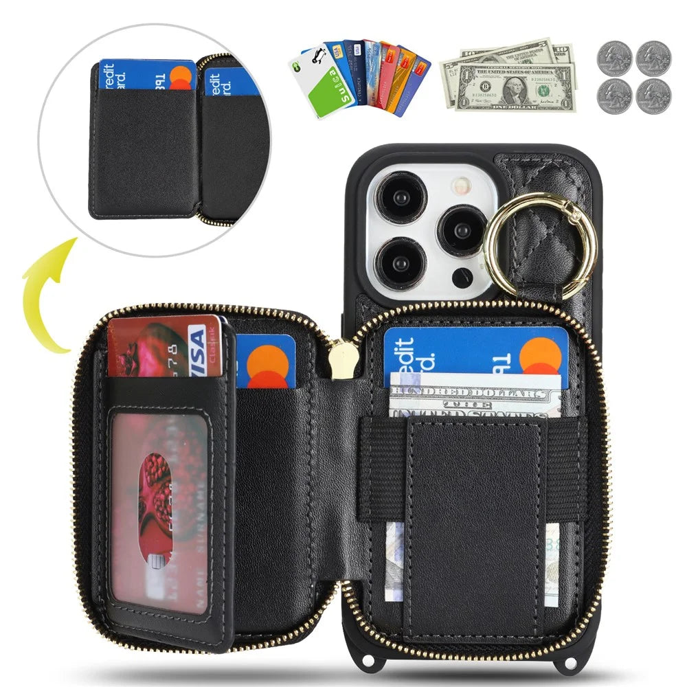 For iPhone 14 Pro Case Ring Holder Zipper Pocket Kickstand Leather Back Phone Cover with Shoulder Strap - Black - 7