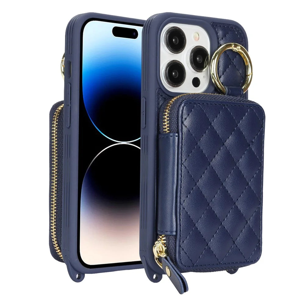 For iPhone 14 Pro Max Case Ring Holder Zipper Pocket Kickstand Leather Back Phone Cover with Shoulder Strap - Blue - 1