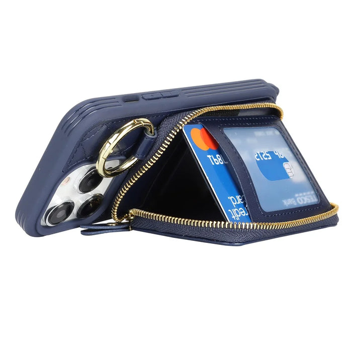 For iPhone 14 Pro Max Case Ring Holder Zipper Pocket Kickstand Leather Back Phone Cover with Shoulder Strap - Blue - 3