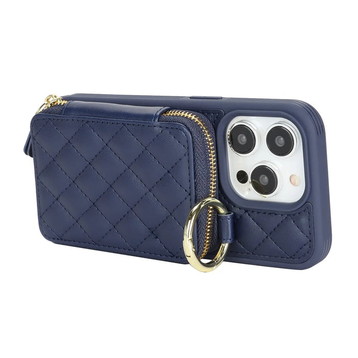 For iPhone 14 Pro Max Case Ring Holder Zipper Pocket Kickstand Leather Back Phone Cover with Shoulder Strap - Blue - 4