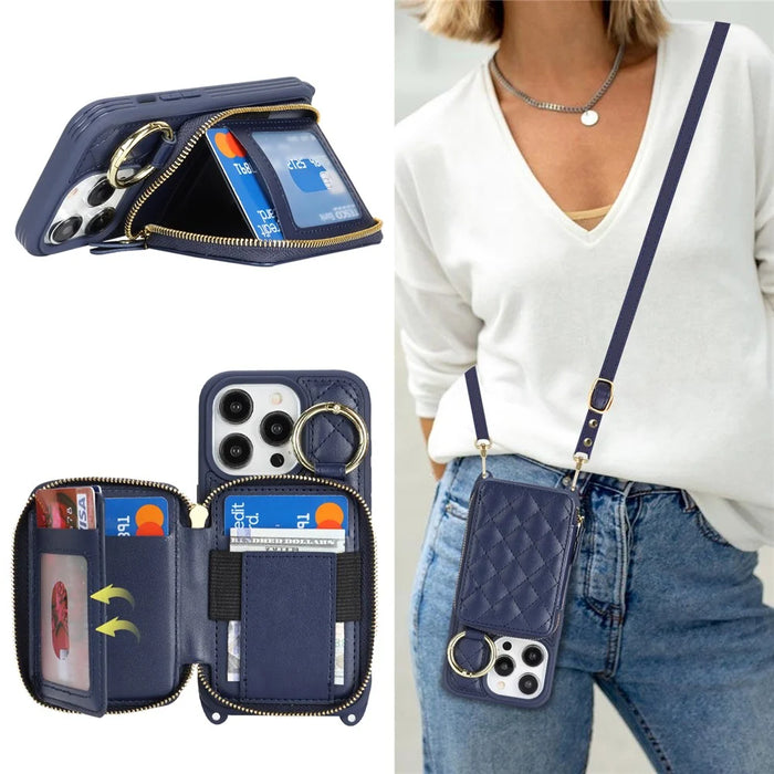 For iPhone 14 Pro Max Case Ring Holder Zipper Pocket Kickstand Leather Back Phone Cover with Shoulder Strap - Blue - 6