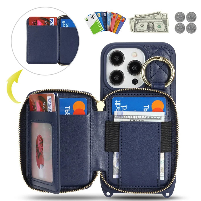 For iPhone 14 Pro Max Case Ring Holder Zipper Pocket Kickstand Leather Back Phone Cover with Shoulder Strap - Blue - 7