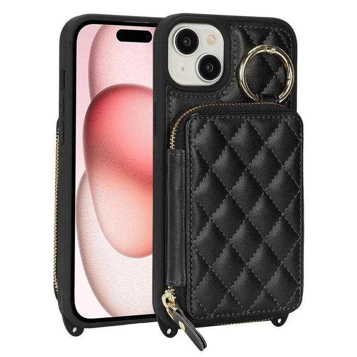 For iPhone 15 Case Ring Holder Zipper Pocket Kickstand Leather Back Phone Cover with Shoulder Strap - Black - 1