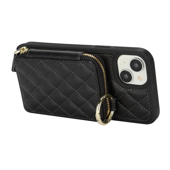 For iPhone 15 Case Ring Holder Zipper Pocket Kickstand Leather Back Phone Cover with Shoulder Strap - Black - 2