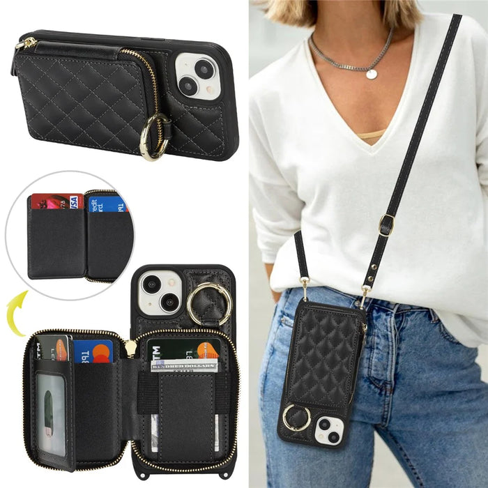 For iPhone 15 Case Ring Holder Zipper Pocket Kickstand Leather Back Phone Cover with Shoulder Strap - Black - 5