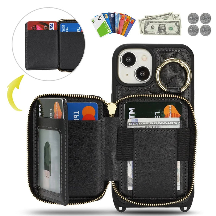 For iPhone 15 Case Ring Holder Zipper Pocket Kickstand Leather Back Phone Cover with Shoulder Strap - Black - 6