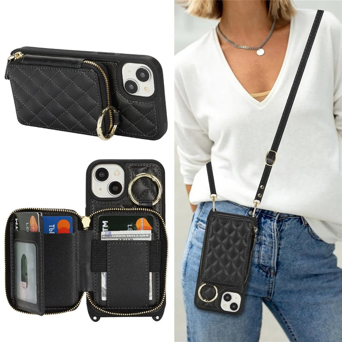For iPhone 15 Case Ring Holder Zipper Pocket Kickstand Leather Back Phone Cover with Shoulder Strap - Black - 7
