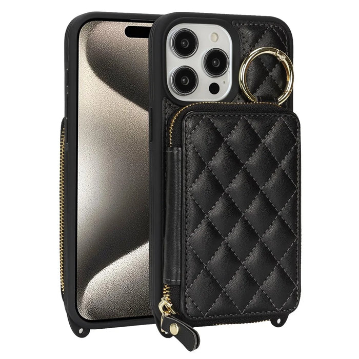 For iPhone 15 Pro Case Ring Holder Zipper Pocket Kickstand Leather Back Phone Cover with Shoulder Strap - Black - 1