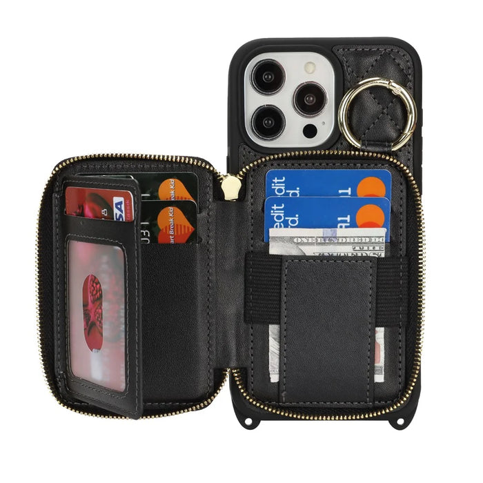 For iPhone 15 Pro Case Ring Holder Zipper Pocket Kickstand Leather Back Phone Cover with Shoulder Strap - Black - 3