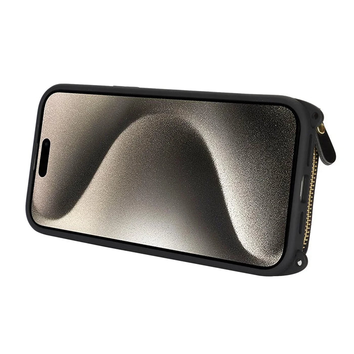 For iPhone 15 Pro Case Ring Holder Zipper Pocket Kickstand Leather Back Phone Cover with Shoulder Strap - Black - 4