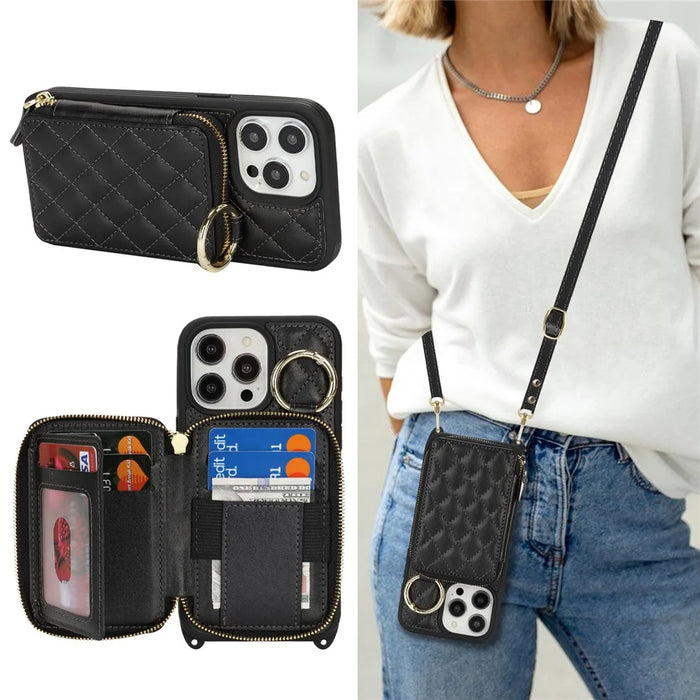 For iPhone 15 Pro Case Ring Holder Zipper Pocket Kickstand Leather Back Phone Cover with Shoulder Strap - Black - 6