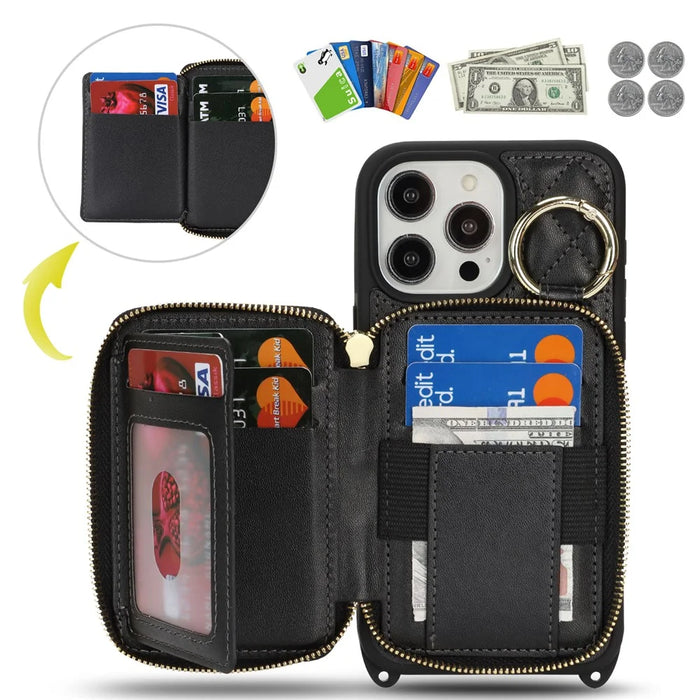 For iPhone 15 Pro Case Ring Holder Zipper Pocket Kickstand Leather Back Phone Cover with Shoulder Strap - Black - 7