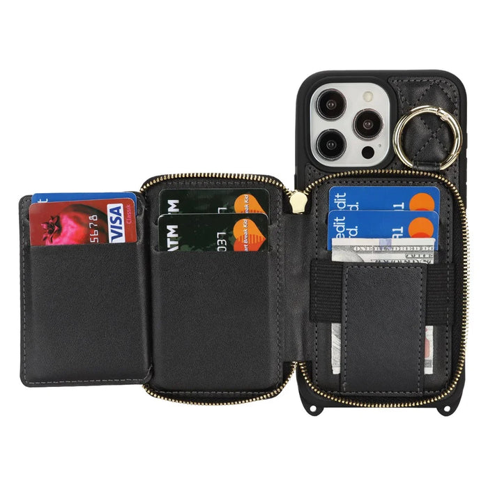For iPhone 15 Pro Max Case Ring Holder Zipper Pocket Kickstand Leather Back Phone Cover with Shoulder Strap - Black - 2