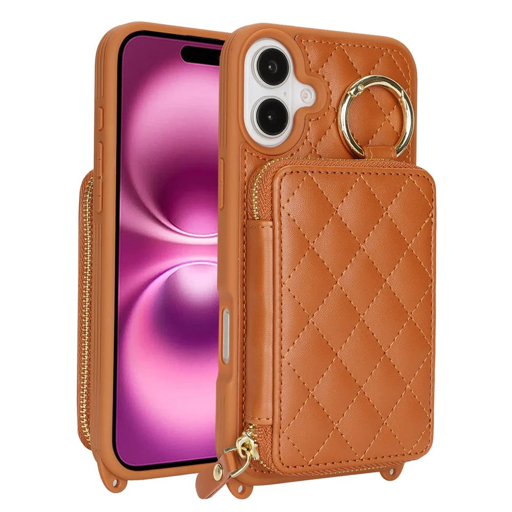 For iPhone 16 Case Ring Holder Zipper Pocket Kickstand Leather Back Phone Cover with Shoulder Strap - Brown - 1