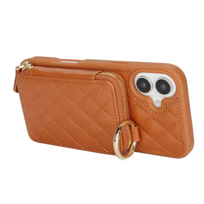 For iPhone 16 Case Ring Holder Zipper Pocket Kickstand Leather Back Phone Cover with Shoulder Strap - Brown - 4