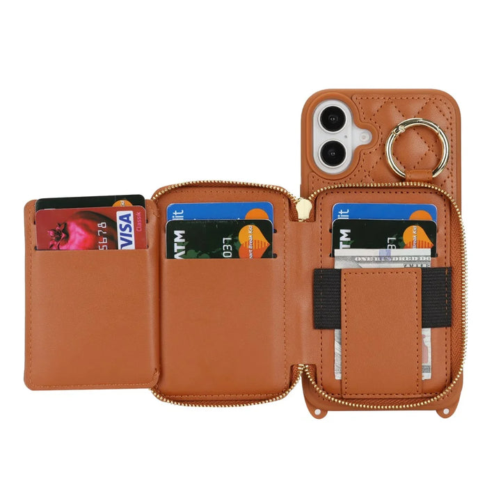 For iPhone 16 Case Ring Holder Zipper Pocket Kickstand Leather Back Phone Cover with Shoulder Strap - Brown - 5